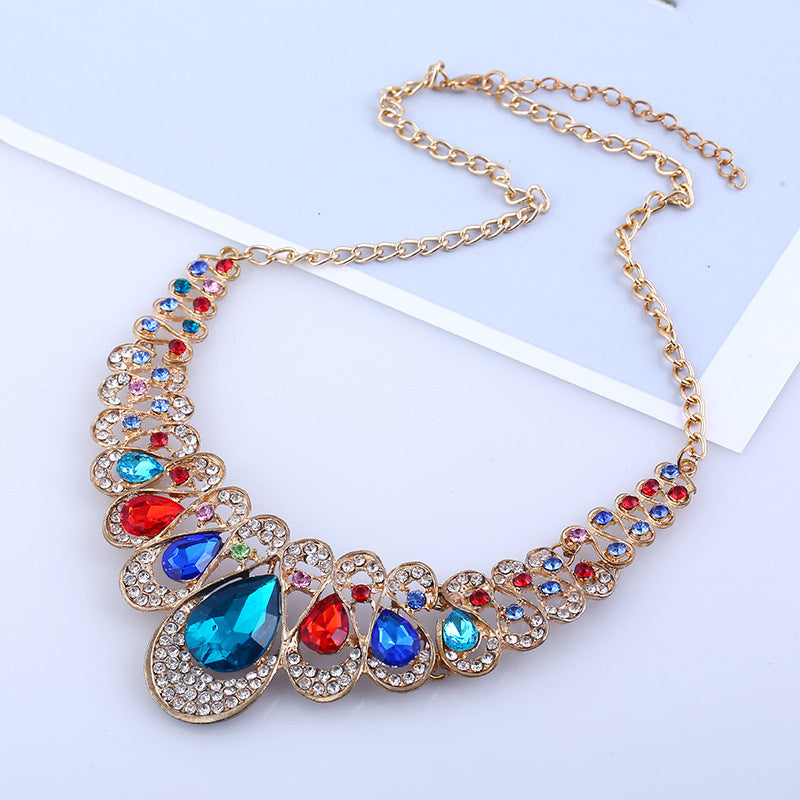 Wholesale Metal Sparkling Diamond Water Drop Gem Necklace Earrings Set
